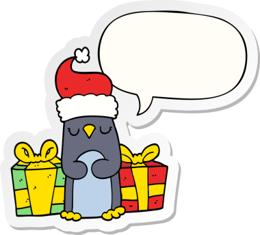 Bir insan tarafından çizilmiş konuşma balonu çıkartmalı şirin bir Noel pengueni.
