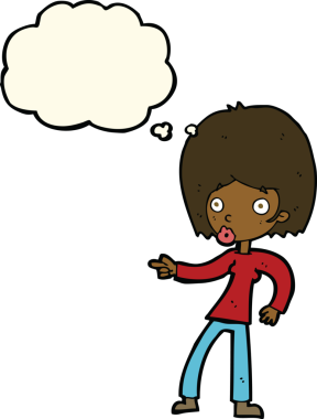 Bir insan tarafından çizilmiş düşünce balonuyla işaret eden çizgi film kadını.