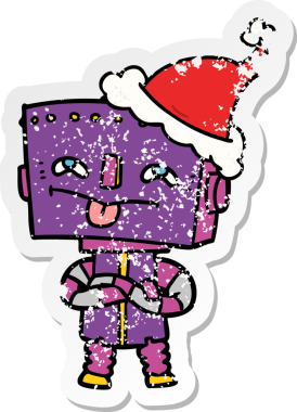 Bir insan tarafından çizilmiş Noel Baba şapkası takan bir robotun çizilmiş el yazısı.