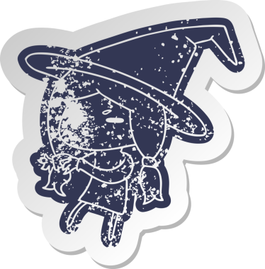 Bir insan tarafından çizilmiş sevimli bir cadı olan Kawaii 'nin sıkıntılı eski çizgi film çıkartması.