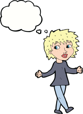 Bir insan tarafından çizilen düşünce baloncuğu ile ilgili endişesi olmayan çizgi film kadını.