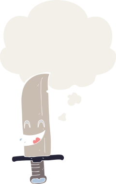 Bir insan tarafından çizilmiş düşünce baloncuklu komik bıçak.