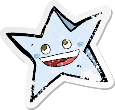 Bir insan tarafından çizilmiş mutlu bir yıldız karakterinin gerilimli retro yapıştırması.