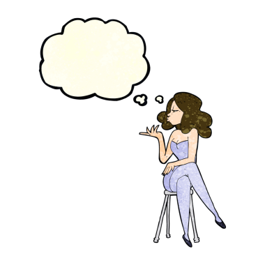 Bir insan tarafından çizilmiş düşünce baloncuğuyla bar taburesinde oturan çizgi film kadını.