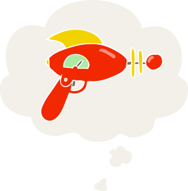 Düşünce baloncuklu çizgi film ışın tabancası insan tarafından çizilmiş.