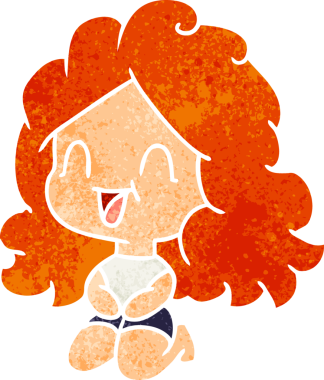 El yazısıyla çizilmiş eski bir çizgi film. Şirin bir kawaii. Bir insan tarafından çizilmiş mutlu bir kız.