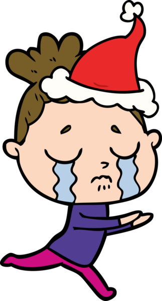 Bir insan tarafından çizilmiş Noel Baba şapkası takan ağlayan bir kadının el çizimi.