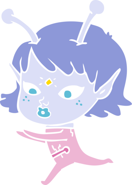 Bir insan tarafından çizilmiş düz renk çizgi film uzaylı kızı.