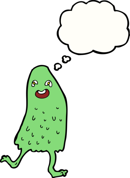 Bir insan tarafından çizilmiş düşünce baloncuklu komik balçık canavarı.