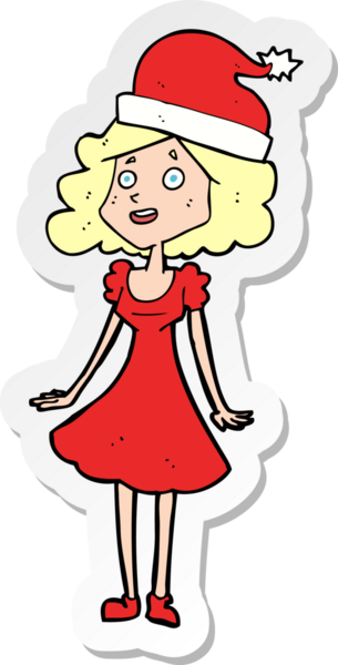 Bir insan tarafından çizilmiş Noel için giyinmiş bir karikatür kadının çıkartması.