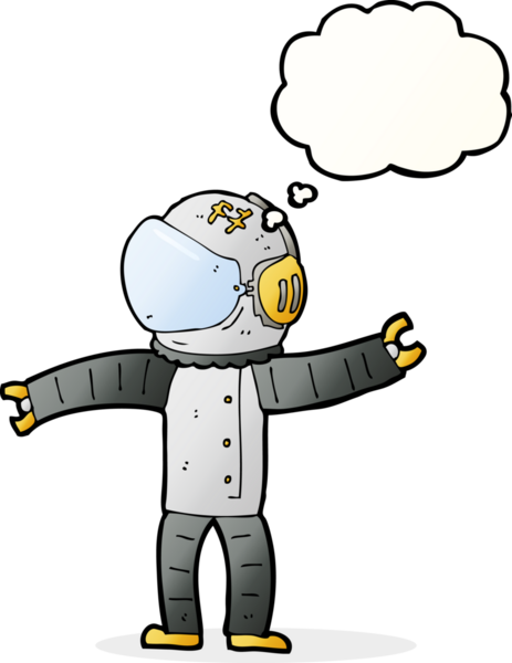 Bir insan tarafından çizilmiş düşünce baloncuklu astronot.