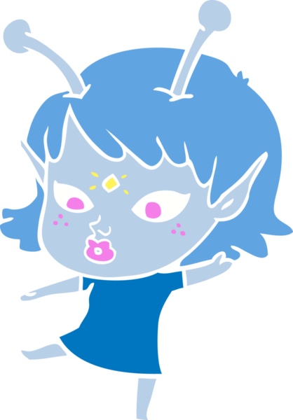 Bir insan tarafından çizilmiş düz renk çizgi film uzaylı kızı.