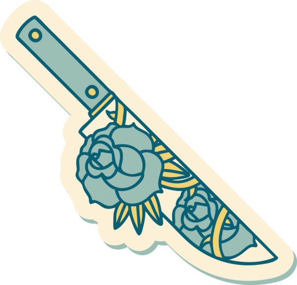 Geleneksel bir hançer stili dövme çıkartması ve bir insan tarafından çizilmiş çiçekler.