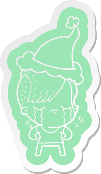 Bir insan tarafından çizilmiş Noel Baba şapkası giyen ağlayan bir kızın garip çizgi film çıkartması.