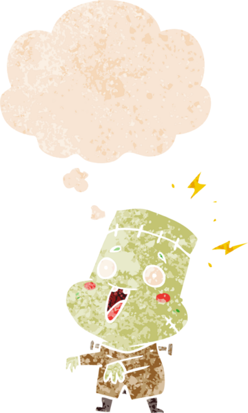 Homurdanan düşünce baloncuğu olan yaşayan ölü canavar bir insan tarafından çizilmiş desenli bir çizgi film karakteri.