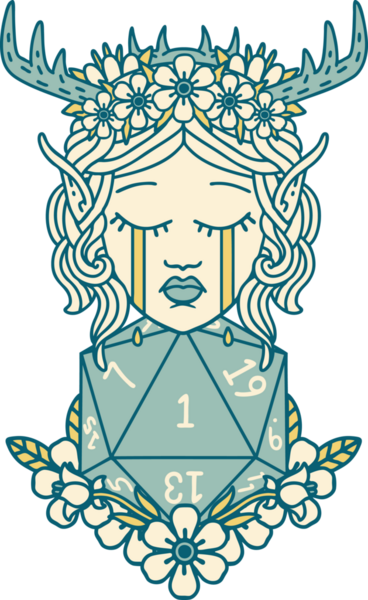 Retro Dövme Tarzı Ağlayan Elf Druid karakteri suratı Bir insan tarafından çizilmiş doğal bir D20 ruloyla