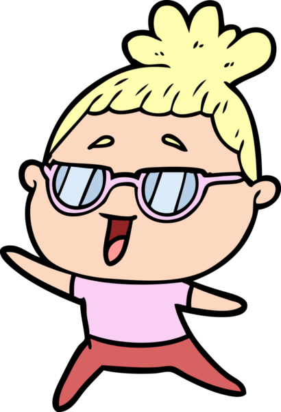 Bir insan tarafından çizilmiş gözlüklü mutlu kadın çizgi filmi.