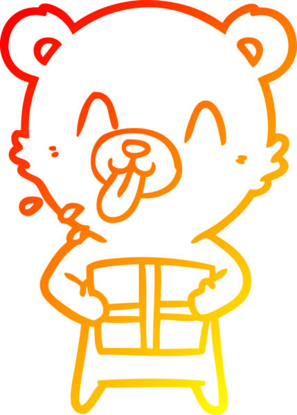 Kaba bir kutup ayısının sıcak çizgi çizimi bir insan tarafından çizilmiş bir hediyeyle dillerini dışarı çıkarıyor.