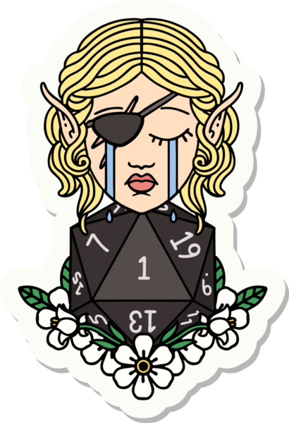 Ağlayan bir elf karakterinin çıkartması. İnsan tarafından çizilmiş doğal bir D20 yuvarlak yüzlü.