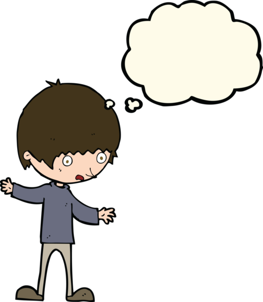Bir insan tarafından çizilmiş düşünce baloncuğuyla kollarını açmış çizgi film çocuğu.