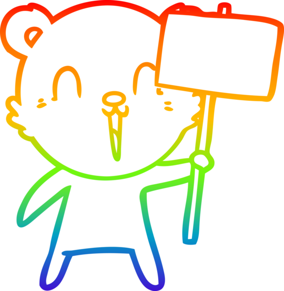 Gökkuşağı gradyan çizgisi mutlu bir çizgi film ayısının bir insan tarafından çizilmiş levhası.