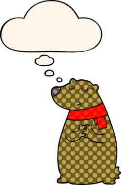 Bir insan tarafından çizilmiş, düşünce baloncuklu eşarp takan çizgi film ayısı.