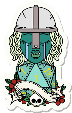 Ağlayan bir Ork savaşçı karakterinin çıkartması. Doğal bir d20 rulo ile bir insan tarafından çizilmiş.