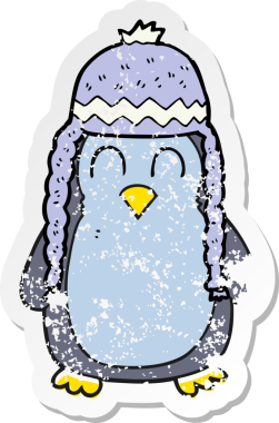 Bir insan tarafından çizilmiş şapka giyen penguen çizgi filminin gerilimli yapıştırması.