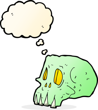 Bir insan tarafından çizilmiş düşünce baloncuklu garip kafatası.