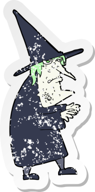 Bir insan tarafından çizilmiş çirkin, yaşlı bir cadının retro sıkıntılı çıkartması.