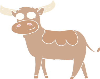 Bir insan tarafından çizilmiş düz renkli çizgi film boğası.