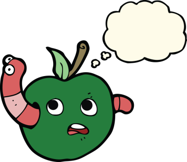 Bir insan tarafından çizilmiş düşünce baloncuklu elma solucanı.