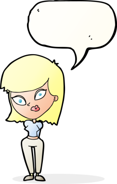 Bir insan tarafından çizilmiş konuşma balonu olan kafası karışık bir kadın çizgi filmi.