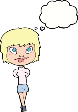 Bir insan tarafından çizilmiş düşünce balonlu mutlu kadın çizgi filmi.