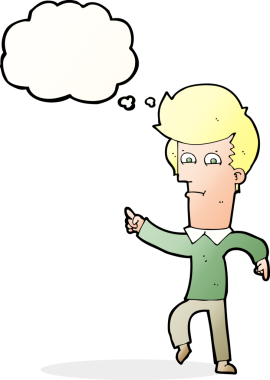 Bir insan tarafından çizilen düşünce baloncuğuyla işaret eden çizgi film adamı.