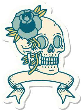 Bir insan tarafından çizilmiş kafatası ve gül şeklinde dövme stili.