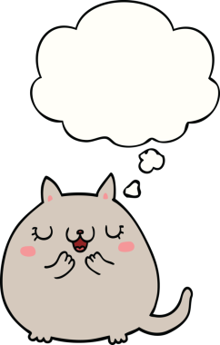 Bir insan tarafından çizilmiş düşünce baloncuklu şirin kedi.