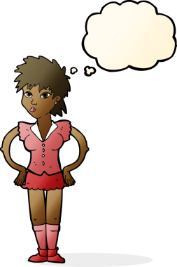 Bir insan tarafından çizilmiş düşünce baloncuğu olan elleri kalçasında çizgi film kadını.