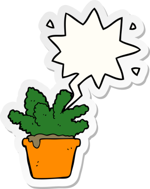 Bir insan tarafından çizilmiş konuşma balonu etiketli karikatür evi bitkisi.