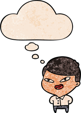 Bir insan tarafından çizilmiş grunge desenli düşünce baloncuğu olan mutlu iş adamı çizgi filmi.