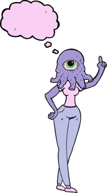 Serbest çizim düşünce balonu çizgi film kadın uzaylı elini kaldırmış bir insan tarafından çizilmiş