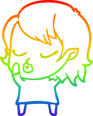 Gökkuşağı gradyan çizgisi. Bir insan tarafından çizilmiş şirin bir vampir kız çizgi filmi.