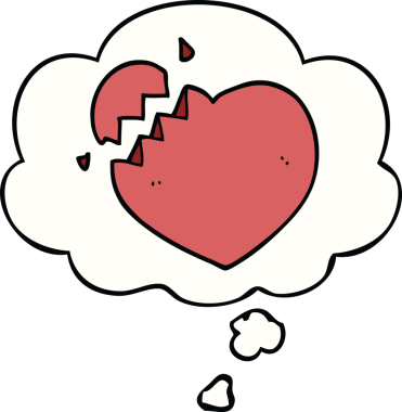 Bir insan tarafından çizilmiş bir düşünce baloncuğuyla kırık bir kalp.