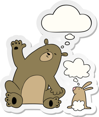 Bir insan tarafından çizilmiş bir çıkartma olarak düşünce balonlu çizgi film ayısı ve tavşan arkadaşları.