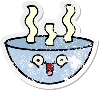 Bir insan tarafından çizilmiş sıcak çorba kasesinin hüzünlü çıkartması.