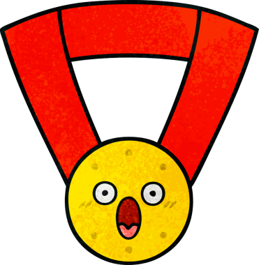 Bir insan tarafından çizilmiş altın madalyanın retro grunge desenli karikatürü