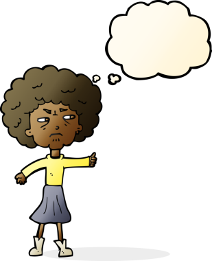 Bir insan tarafından çizilmiş düşünce baloncuğuyla yaşlı bir kadını rahatsız eden çizgi film.