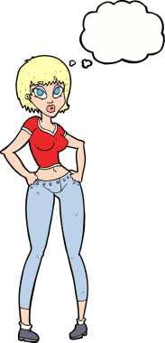 Bir insan tarafından çizilmiş düşünce baloncuğu olan güzel bir kadın.