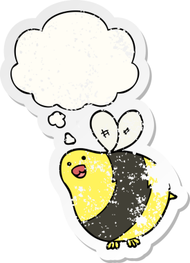 Düşünce baloncuğu olan çizgi film arısı insan tarafından çizilmiş yıpranmış bir çıkartma.