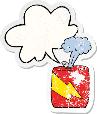 Bir insan tarafından çizilmiş, sıkıntılı, karikatür soda kutusu ve konuşma balonu.